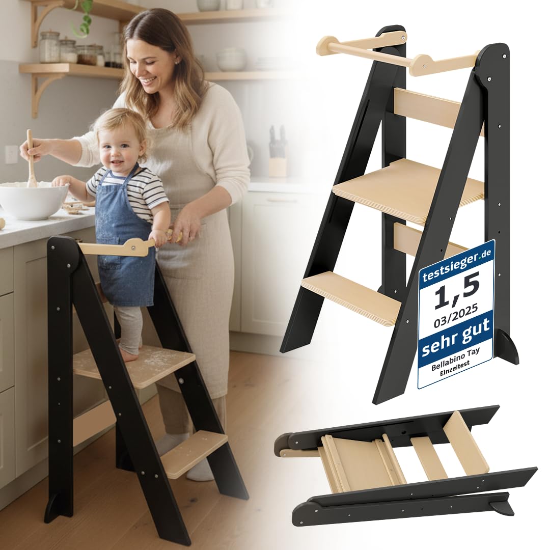 Bellabino Tay Lernturm ab 1 Jahr – Learning Tower 2-Fach höhenverstellbar & klappbar – Lernstuhl in Grau/Natur für Kinder – Montessori Stehturm aus Birkenholz – sicherer Tritthocker mit Kippschutz