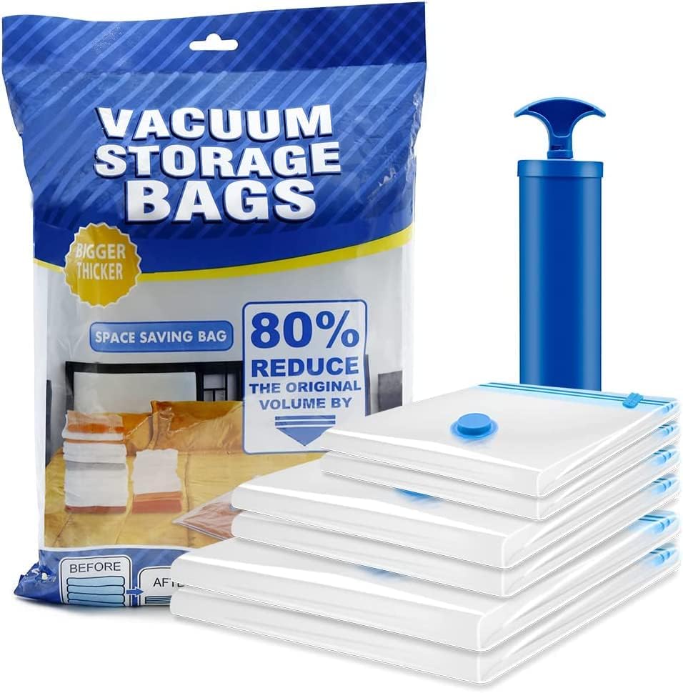 BIGTHREEVacuum Storage Bags, 6 Pack Reusable Space Saver Bags with Travel Hand Pump, Airtight No Leak, Blue, Clear Plastic Rectangular Zipper Closure, Ideal for Clothes, Bedding