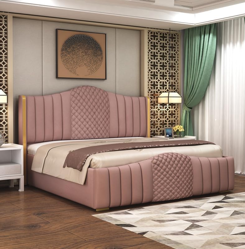 Camel Upholstered King Size Bed with Box Storage for Bedroom | Wooden Double Bed with Storage | Platform Cot Bed with Upholstery Premium Fabric | 6.5 x 6 Ft | Sheesham Wood, Peach-image-9