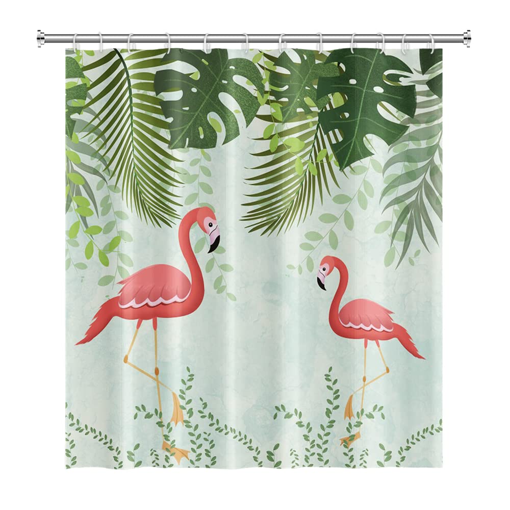 Bonhause Tenda Doccia Fenicottero Rosa Foglie Tropicali Tende per Doccia in Poliestere Impermeabile Antimuffa Lavabile Tende Bagno 180 x 180 cm con 12 Ganci