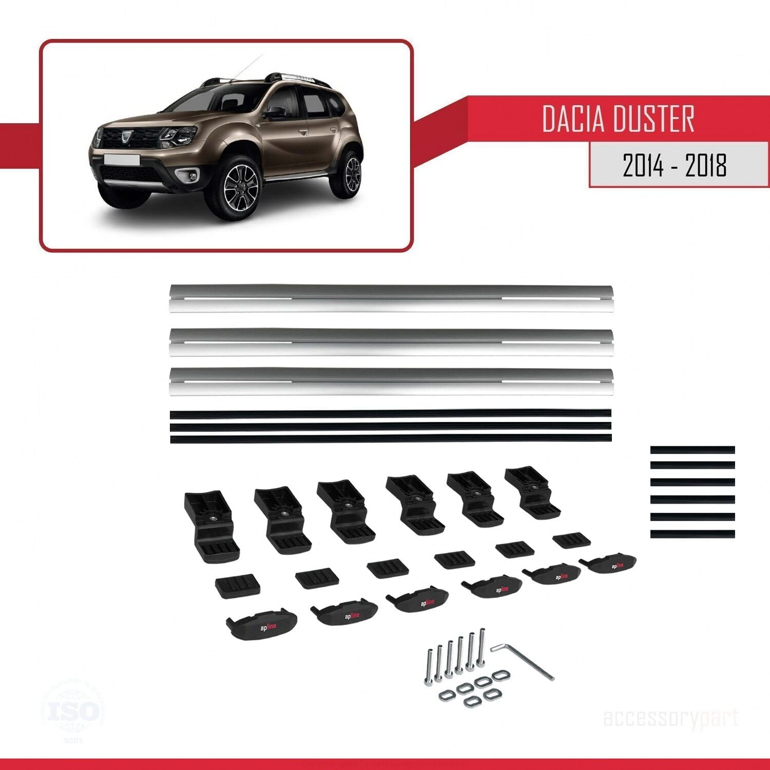 Kompatybilny z Compatible with Dacia Duster (HS) Post-Facelift 2014-2017 BASIC Model Aluminiowy bagażnik dachowy 3 poprzeczki, szary