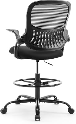 Sweetcrispy Tall Drafting Desk Chair - Ergonomic High Stool Computer with Adjustable Height and Comfy Lumbar Support, Office Rolling Counter with Flip-up Arm and Footrest, Black