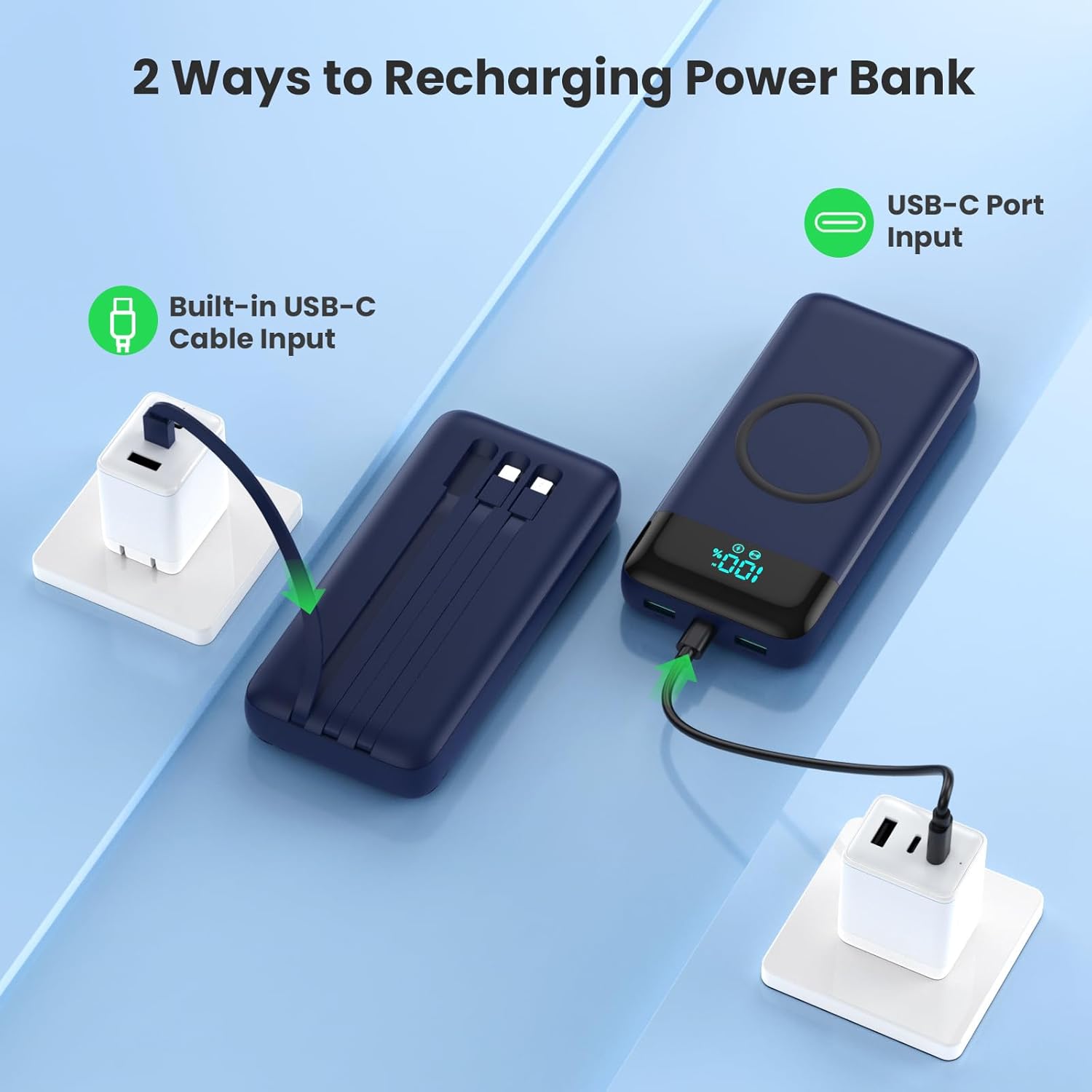 YHO Wireless Portable Charger 40800mAh for iPhone with Built-in Cables,15W Wireless Charging USB C Power Bank,25W PD Fast Charging Travel Essential Battery Pack for iPhone 17/16/15/14-Dark Blue