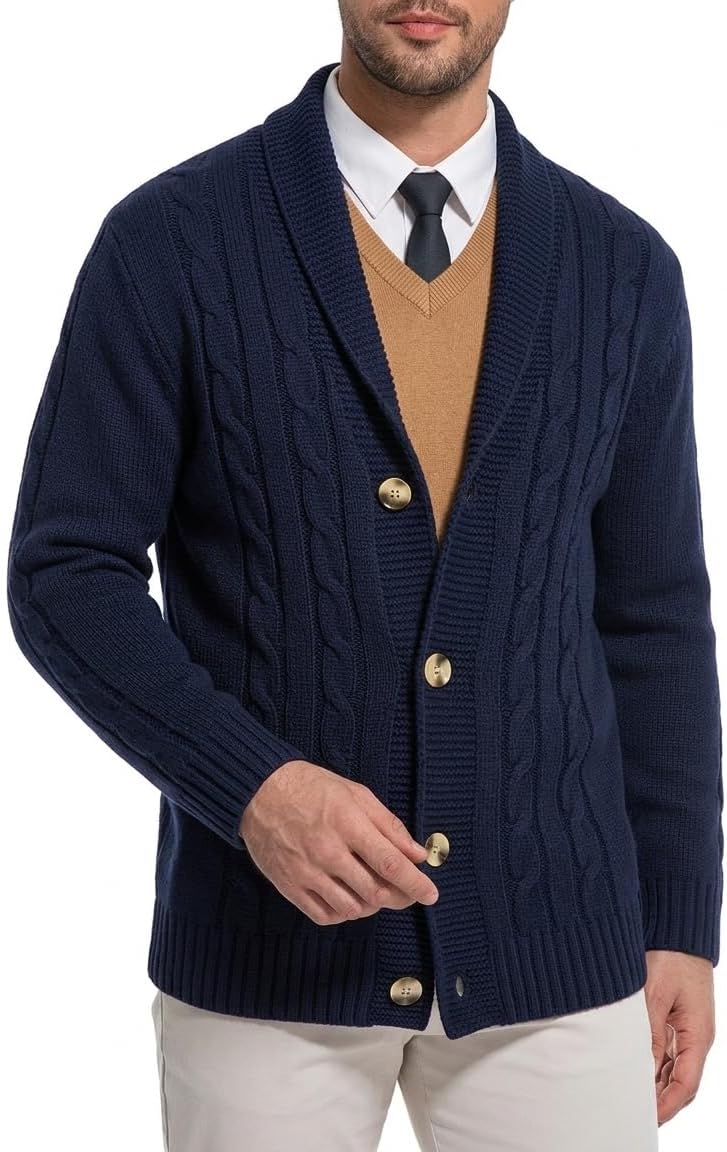 Mens Cardigan Sweater Long Sleeve with Shawl Collar - Button Down Knitwear for Winter, Casual and Work Wear