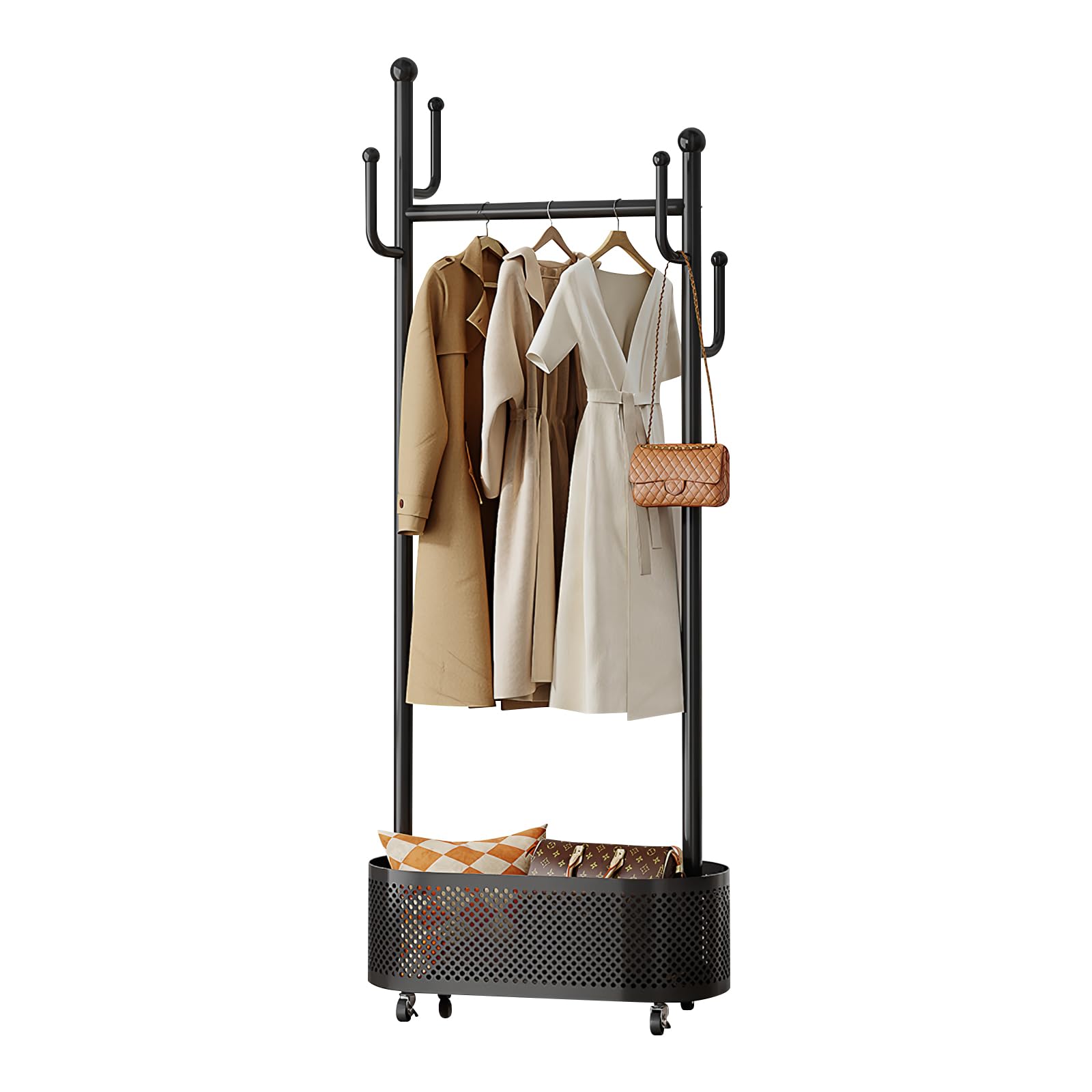 Ergocar Black Coat Stand. A Jacket Hat Rack With A Basket, Multi -Functional Design. It Can Move Stable At 360 °, Suitable For Placing In Bed, Living Room And Porch.