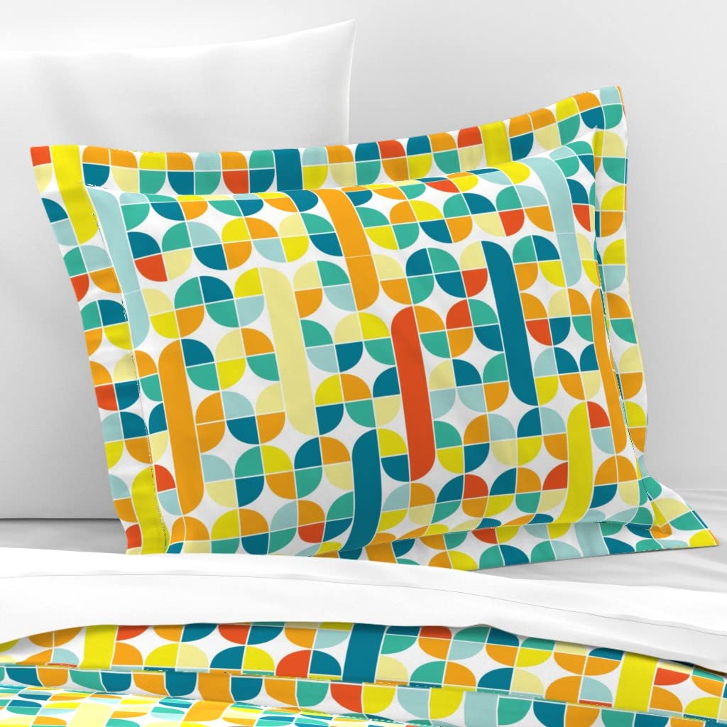 Spoonflower Cotton Sateen Flanged Edge Sham, Standard - Retro Mod Mid Century Bright Pastel Aqua Yellow Midcentury Modern Beach Home Sunrise Waves Print Custom Bedding
