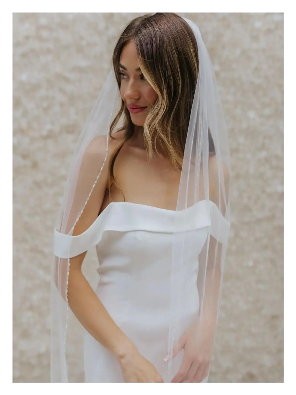 Abito Da Sposa Veli da sposa di cristallo perline 1 livello lunghezza punta delle dita velo matrimonio con bordo trim accessorio capelli tulle morbido pettine velo da sposa