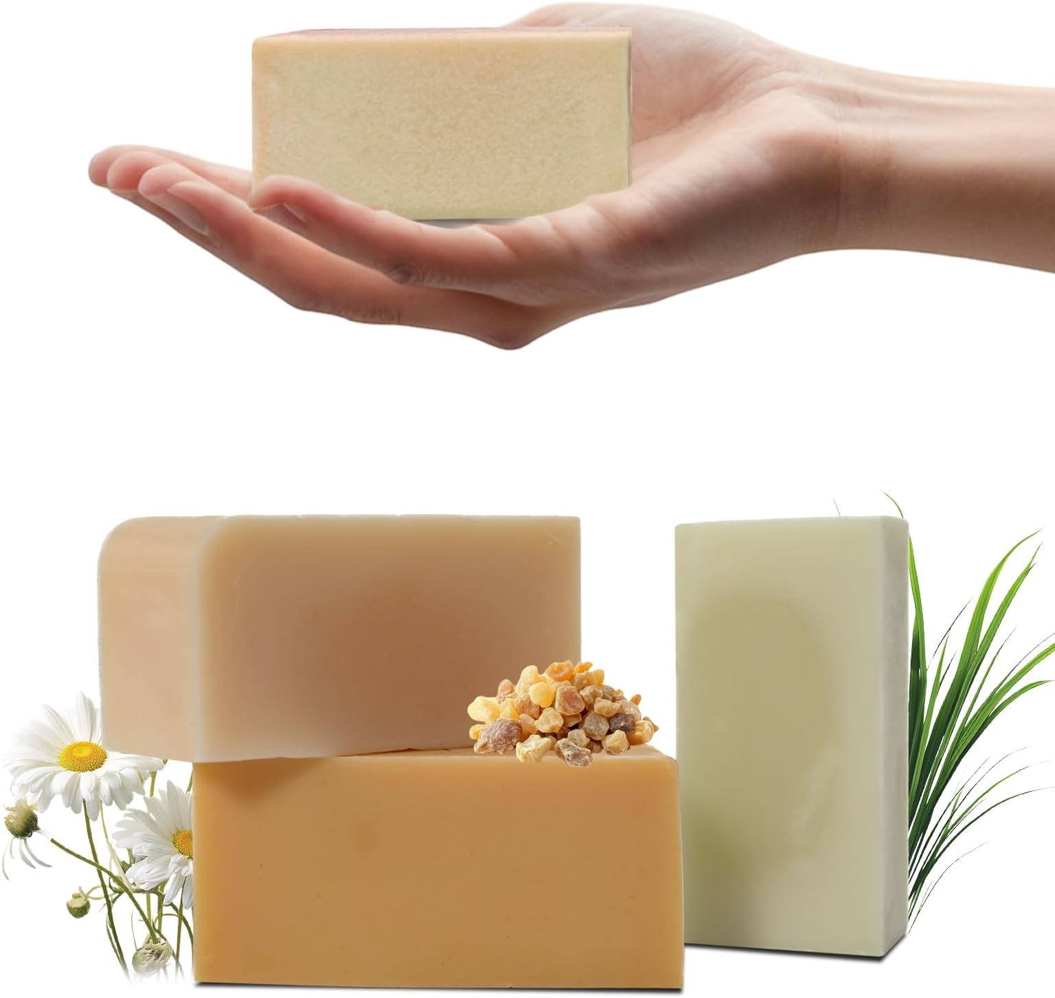 MAYJAM 3 Pcs Clean Bar Soap with Vitamin E Olive Natural Essential Soap Bar Gift Set for Body Face Smooth Skin Bath Soap for All Skin Types Roman Chamomile,Frankincense,Lemongrass Soap Handmade