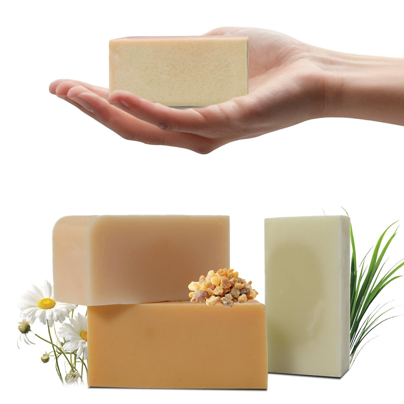 MAYJAM 3 Pcs Clean Bar Soap with Vitamin E Olive Natural Essential Soap Bar Gift Set for Body Face Smooth Skin Bath Soap for All Skin Types Roman Chamomile,Frankincense,Lemongrass Soap Handmade