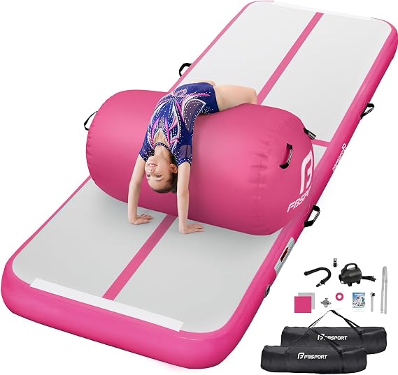 FBSPORT Inflatable Air Gymnastics Mat 4 inches Thickness and Air Roller 40x23.6 inches with Electric Air Pump 10ft/13ft Training Mats for Home Use Cheerleading Outdoor Training Park Yoga Beach Water