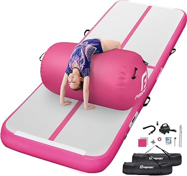 FBSPORT Inflatable Air Gymnastics Mat 4 inches Thickness and Air Roller 40x23.6 inches with Electric Air Pump 10ft/13ft Training Mats for Home Use Cheerleading Outdoor Training Park Yoga Beach Water