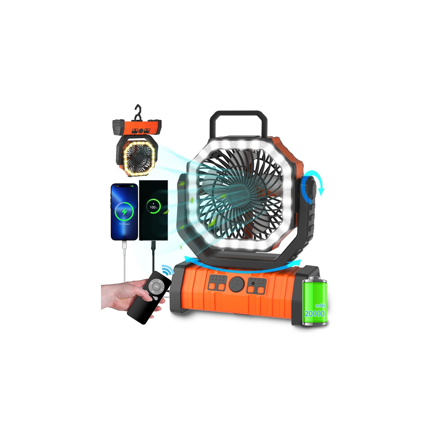 ADUST Camping Fan - 20000mAh Battery Powered Fan Battery Operated Rechargeable Portable Outdoor Tent Fans with Hanging Hook, Cordless, 4 Speeds, Remote Control - Orange