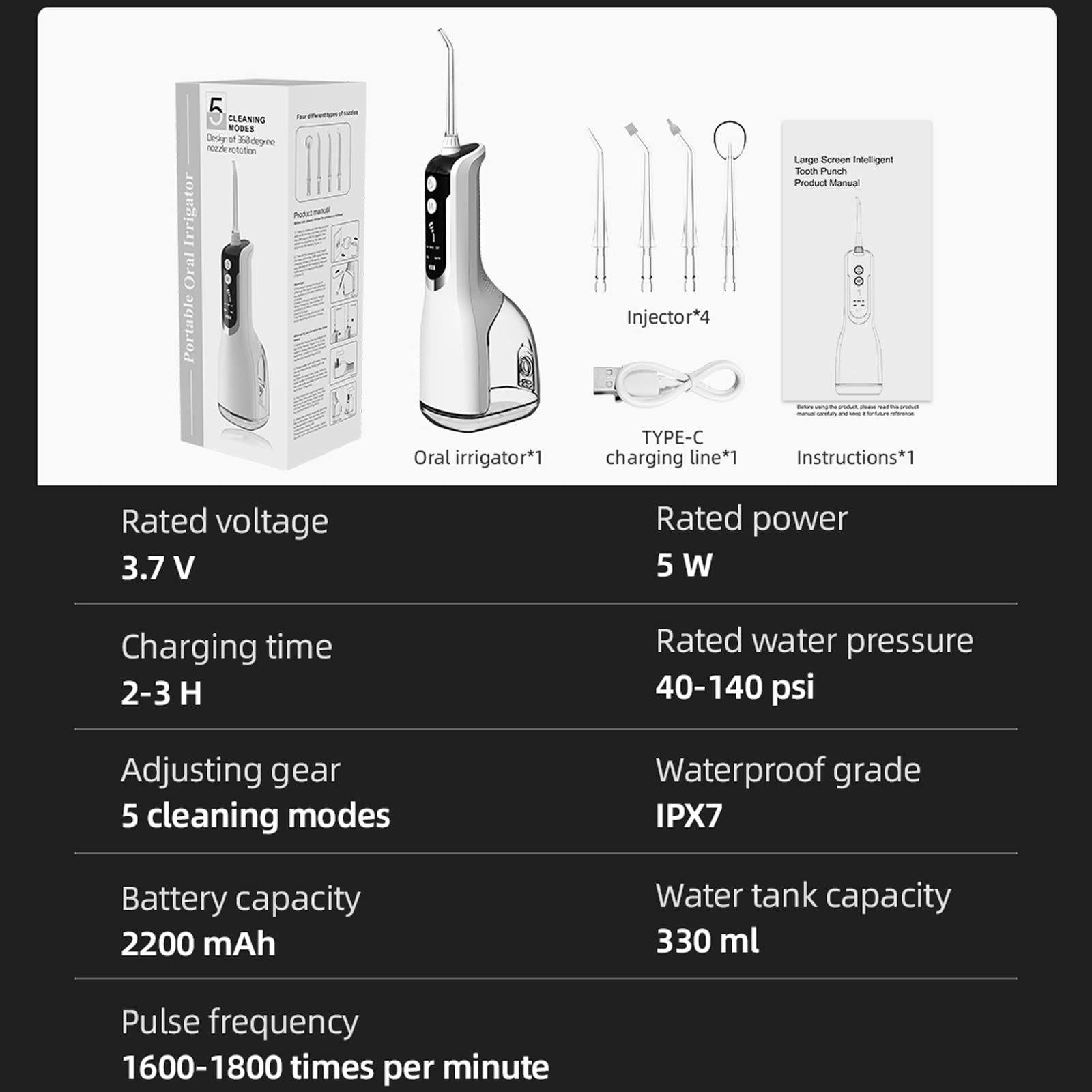 Idropulsore Dentale Portatile, Irrigatore Dentale 300ml 5 Modalità 4 Becchucci USB Ricaricabile IPX7 Impermeabile Idropulitore Per i Denti, Irrigatore Orale Filo Interdentale Adatto a viaggio