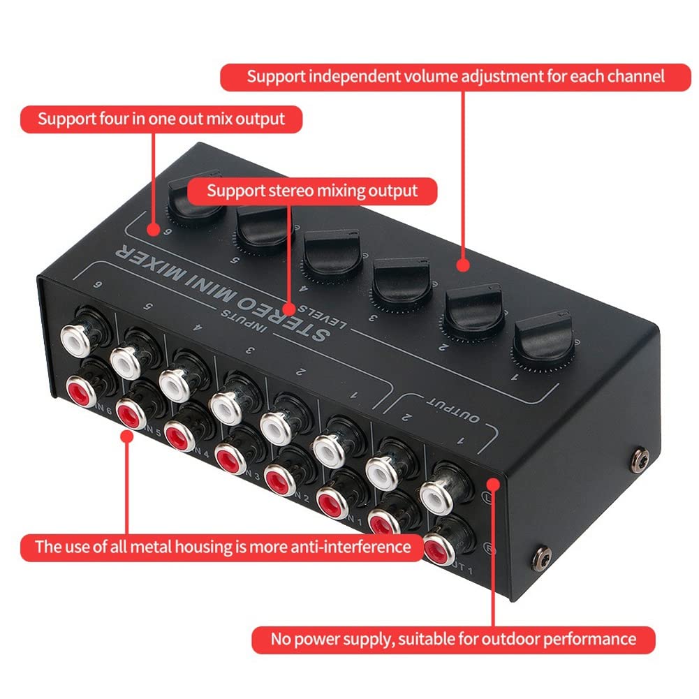 MéLangeur Passif StéRéO 6 Voies MéLangeur Audio Portable 6 EntréEs 2 Sorties Distributeur StéRéO ContrôLe du Volume Batterie Requise