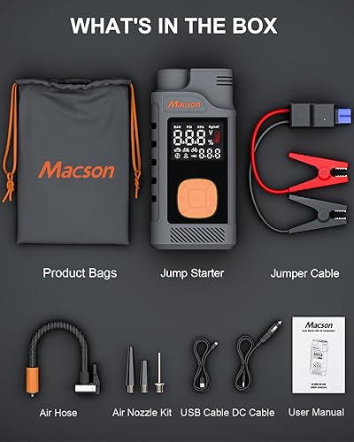 Miniatura 7 de Arrancador de salto con compresor de aire, cargador de batería portátil de coche de 1500 A (hasta 7.5 L de gasolina5.5 L diesel), caja de puente de