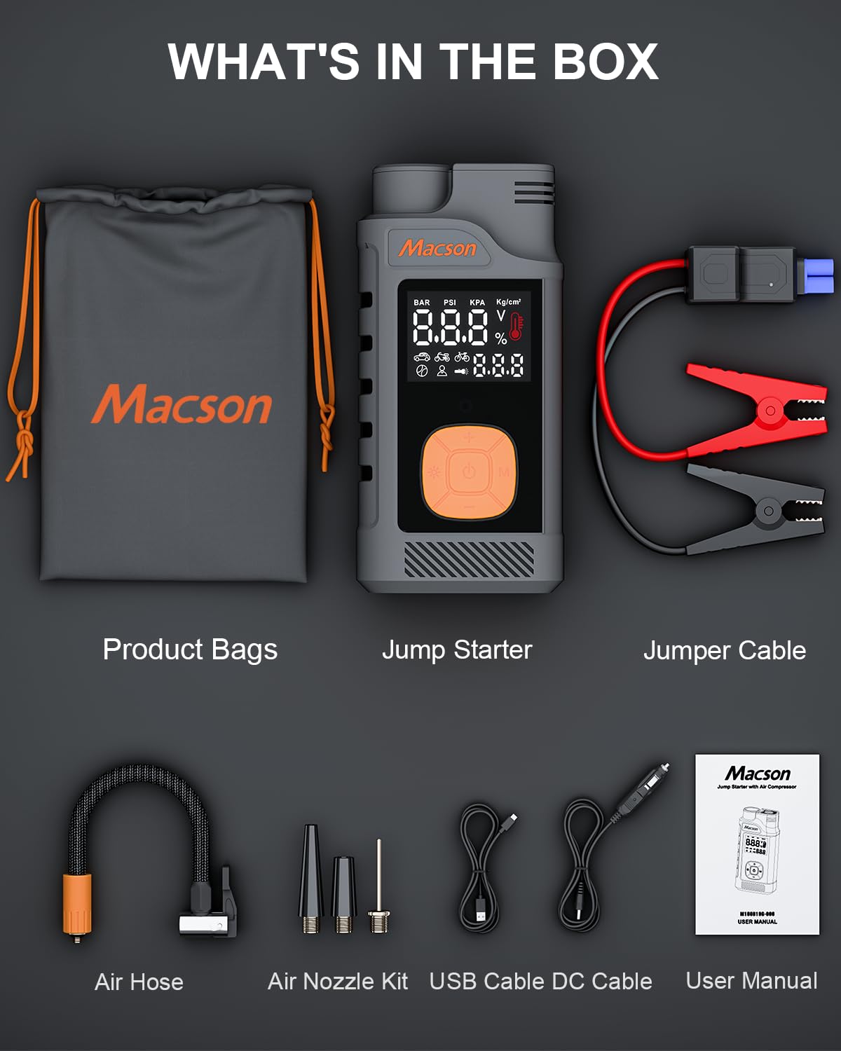 Jump Starter with Air Compressor-1500A Portable Car Battery Charger(Up to 7.5L Gas/5.5L Diesel),12V Jumper Box 150PSI Auto Tire Inflator with Jumper Cable, USB Charge, DC Output and Flashlight