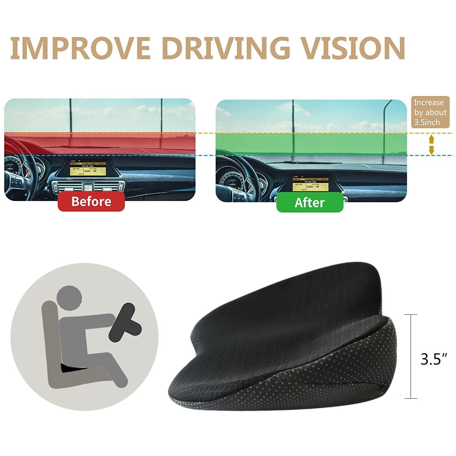 Cojín Elevador para VW Golf 6 GTI 2009-2013 Asiento Coche Ergonómico Cojín Cuña Confort