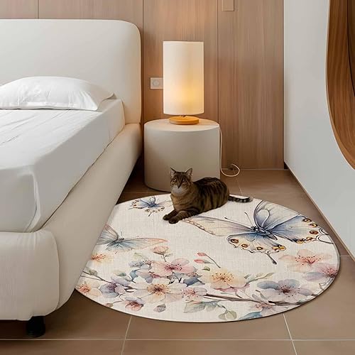 Miniatura 3 de 4ft Round Rug, Flowers Butterfly Non-Skid Rubber Backing Large Area Rugs - Living Room Bedroom Home Office, Watercolor Retro Botanical Flowers