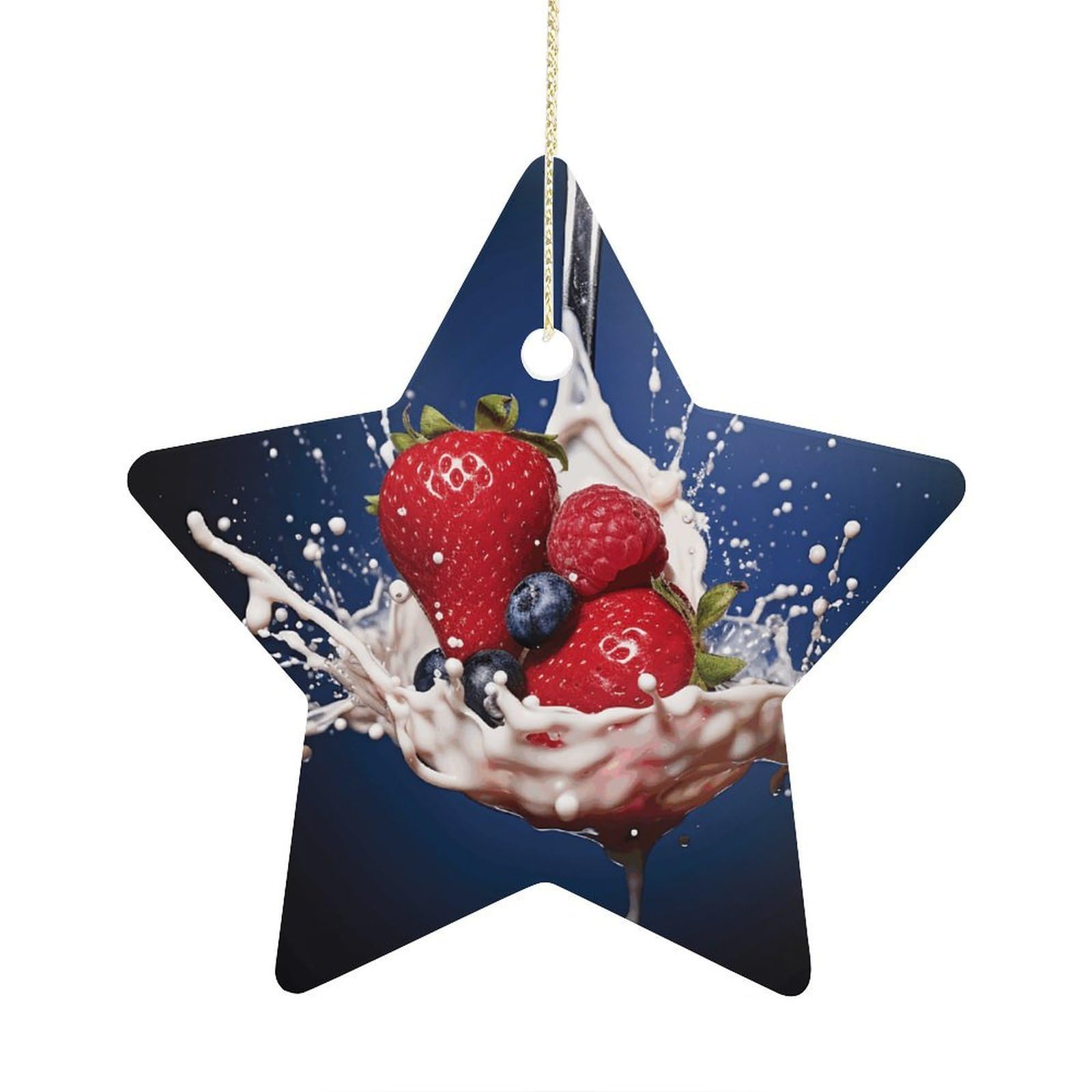 Fruit in Spoon Stars Ornaments Ceramic Christmas Tree Hanging Light in Weight Christmas Star Pendants Funny Double-Sided Printed Xmas Ornaments for Gifts
