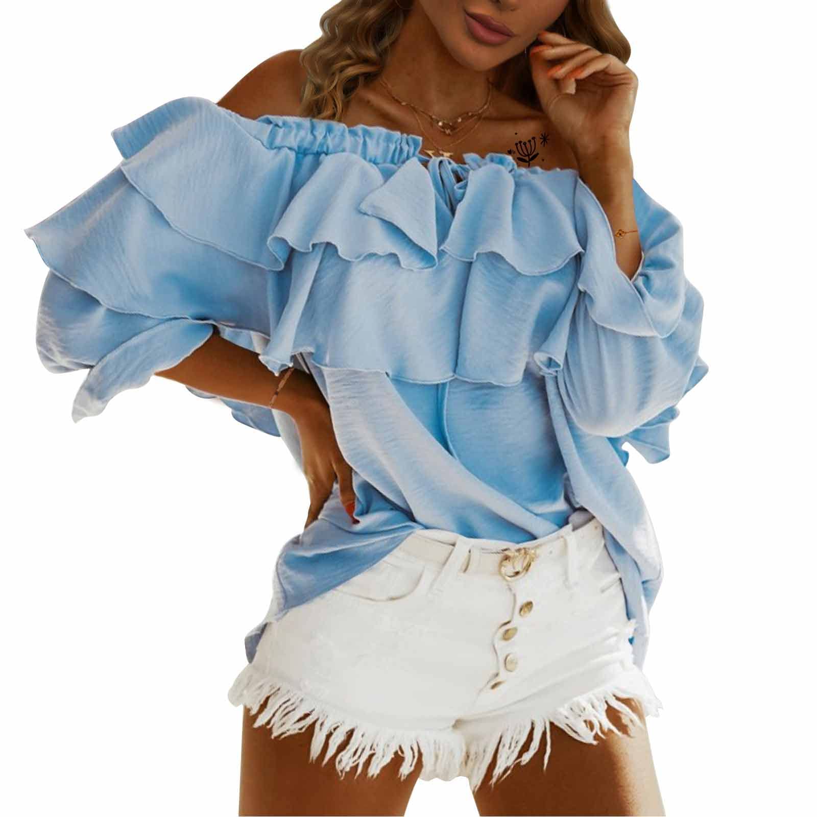 ByinnsWomen's Off Shoulder Ruffle Long Sleeve Blouses Casual Layered Tops