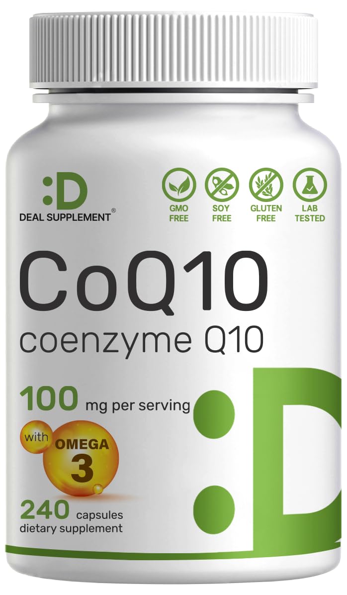 DEAL SUPPLEMENT CoQ10 100mg with Omega 3 100mg, 240 Capsules | Bioavailable Coenzyme Q10 Formula | Supports Heart, Energy & Brain Health | Antioxidant Support | Non-GMO