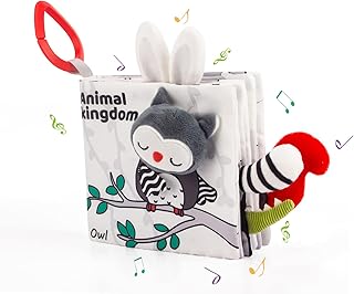 Wilonsa Baby Car Seat Toys Vocal with Three-Dimensional Animal Tail Black White Soft Baby Book Not Rotten Sensory High Contras Brain Development Train Toy for 0 3 6 Months and Up (Animal Book)