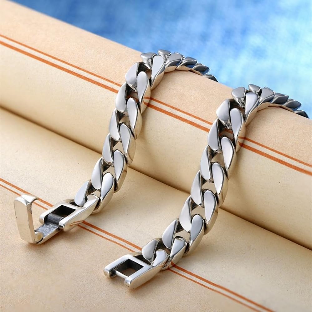 Pulsera de cadena de eslabones cubanos planos de plata de ley 925 para hombre, 8 mm, 10 mm, 12 mm, ancho 18 cm, 20 cm, 22 cm de largo