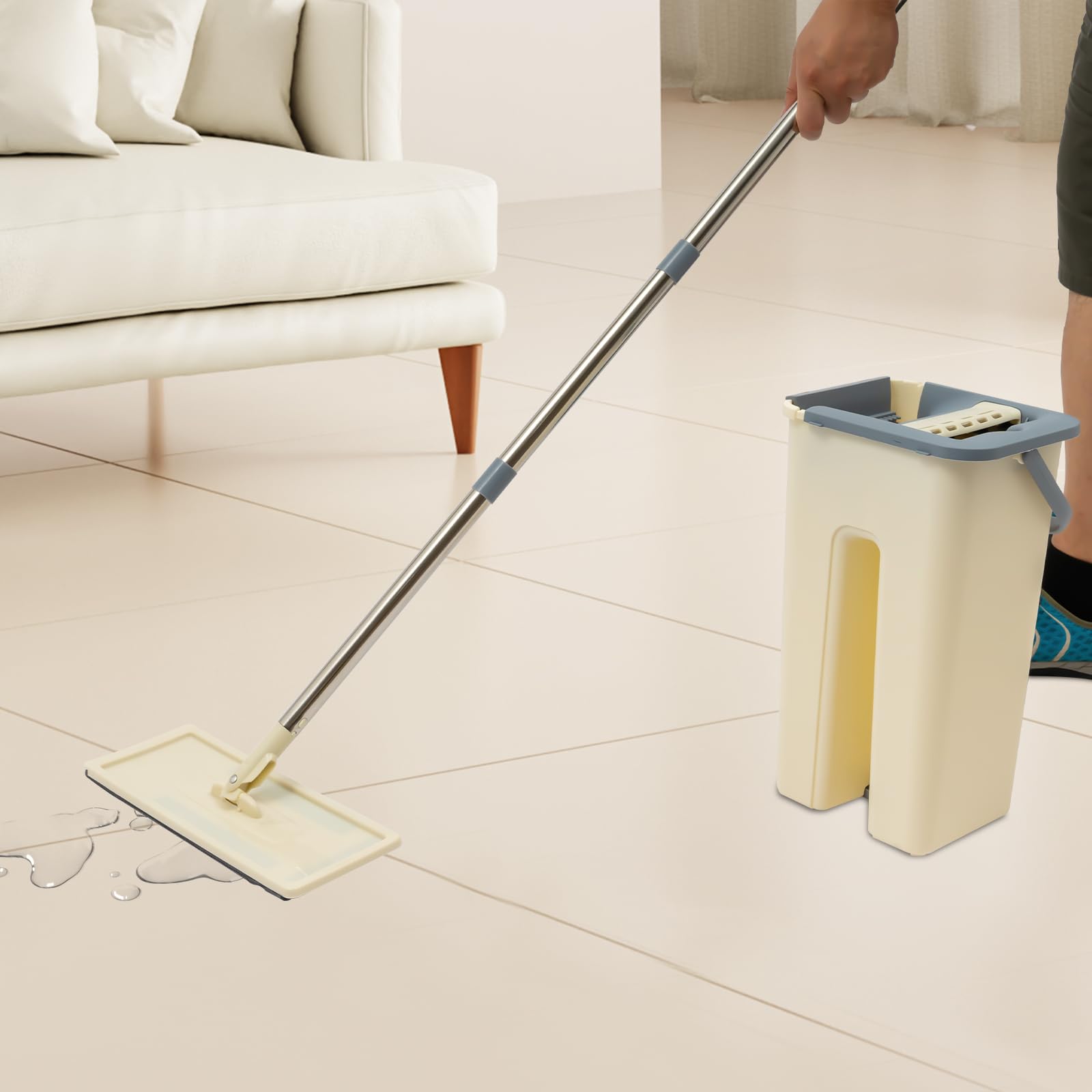 Juego de fregona con cubo, cubo de limpieza, mopa plana, 128 cm, con función de escurridor, con 10 almohadillas de limpieza, mango de acero inoxidable, cubo de limpieza de dos cámaras, para todos los