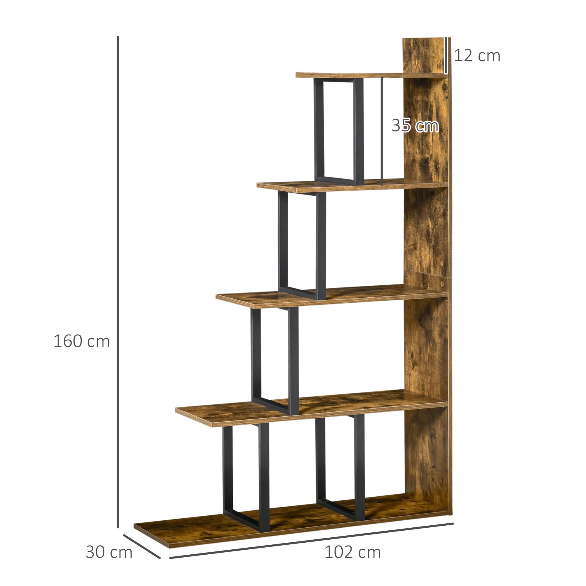 HOMCOM Libreria Antiribaltamento Stile Industriale, Scaffale Vintage con 5 Ripiani in Truciolato, 102x30x160cm