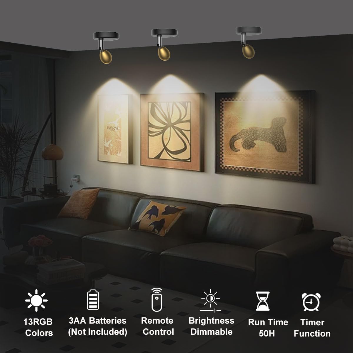 2Pack Battery Operated Spotlight,LED Wall Picture Light with Remote,Wireless Picture Lights for Wall,Timer&Dimmable Accent Light,Display Art Light for Dartboard Painting Artwork Gallery Portrait