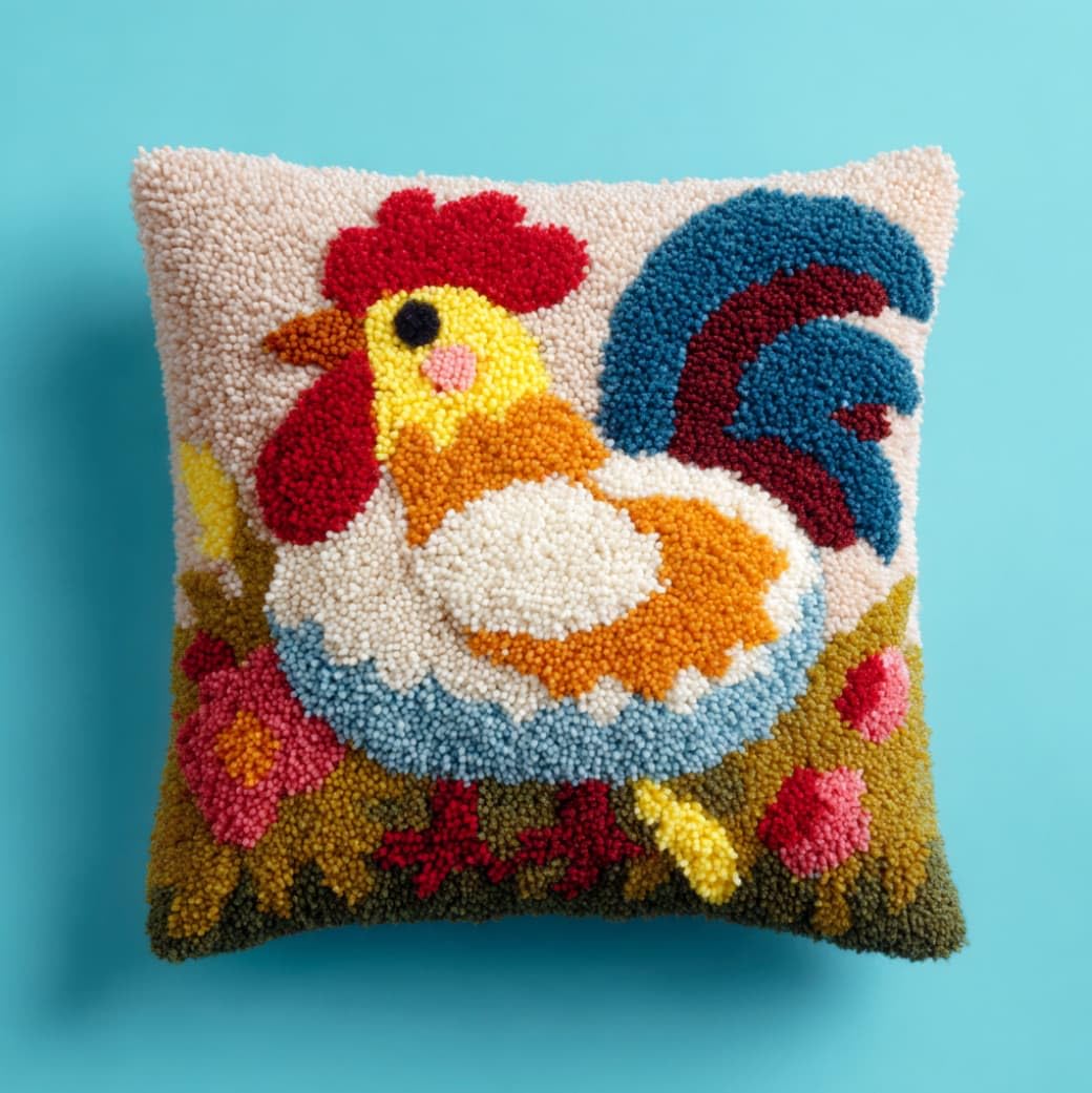 AxiangziK Latch Hook Pillow Making Kit 43x43cm,Rooster and Chicks
