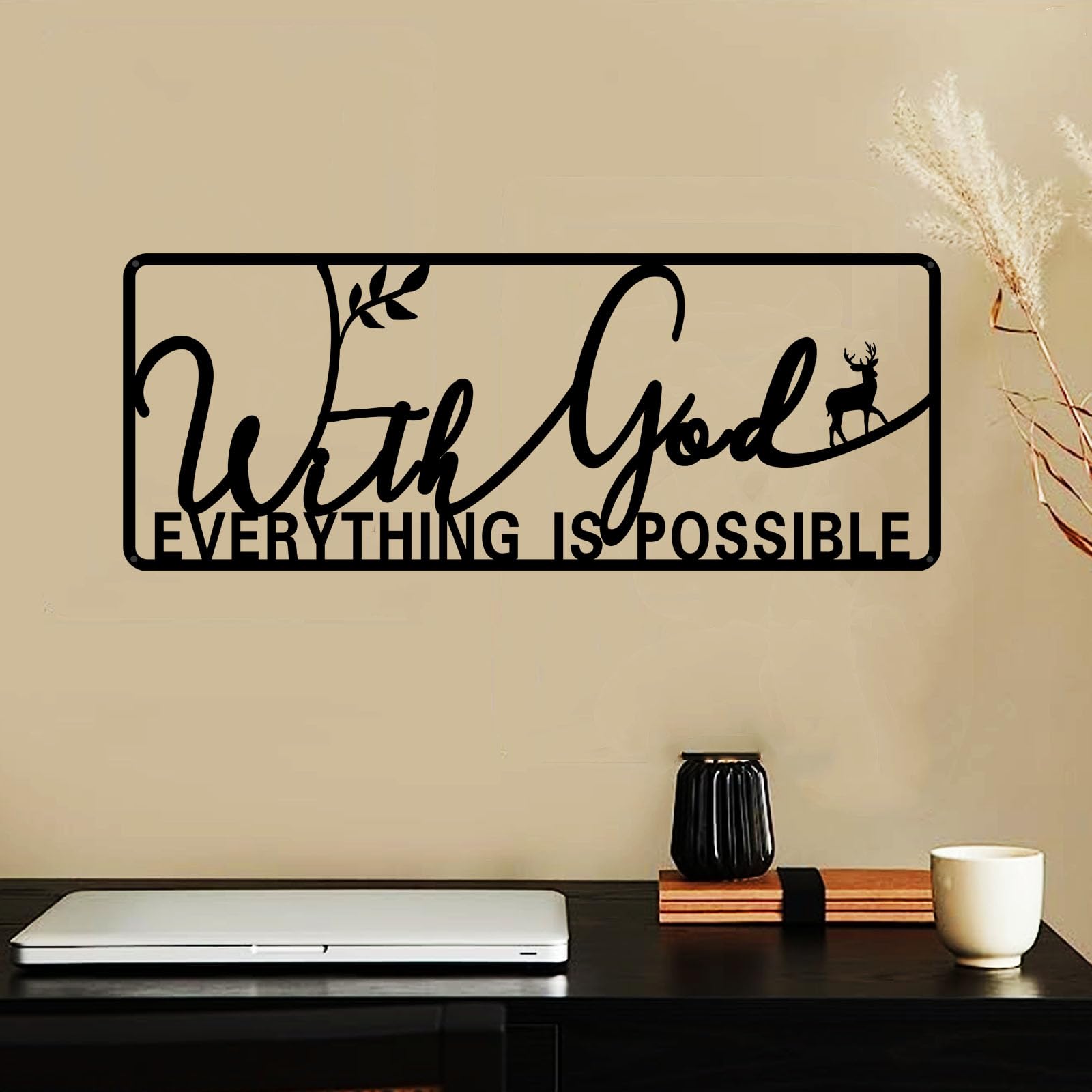 With God All Things Are Possible Sign Metal Wall Decor, 17.5"X6.8" Inch Religious Scripture Black Christian Bible Verses Everthing Is Possible with God Bibical Wall Hanging Decoration