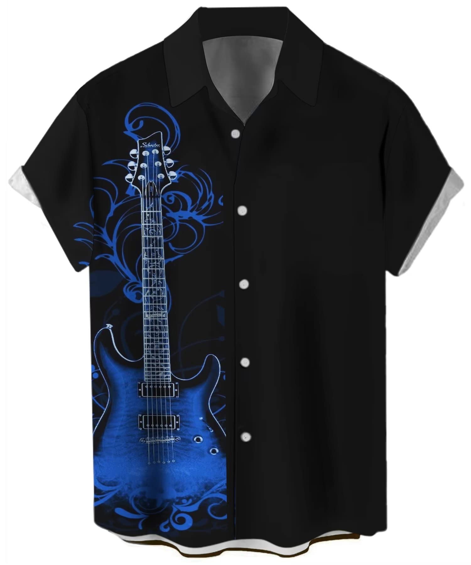 Lzzidou Men's Guitar-Sapphire Vintage Bowling Shirt 1950S Retro Rockabilly Style Short Sleeve Button Down Music Hawaiian Shirts, Xl