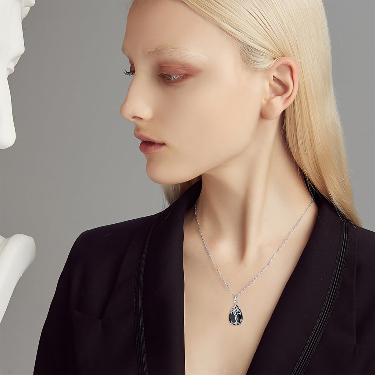 YFN Collana con albero della vita, in argento Sterling con tormalina nera, ciondolo celtico, albero della vita, regalo per donne, adolescenti, ragazze, compleanno, 30*18mm, Argento sterling, Zirconia