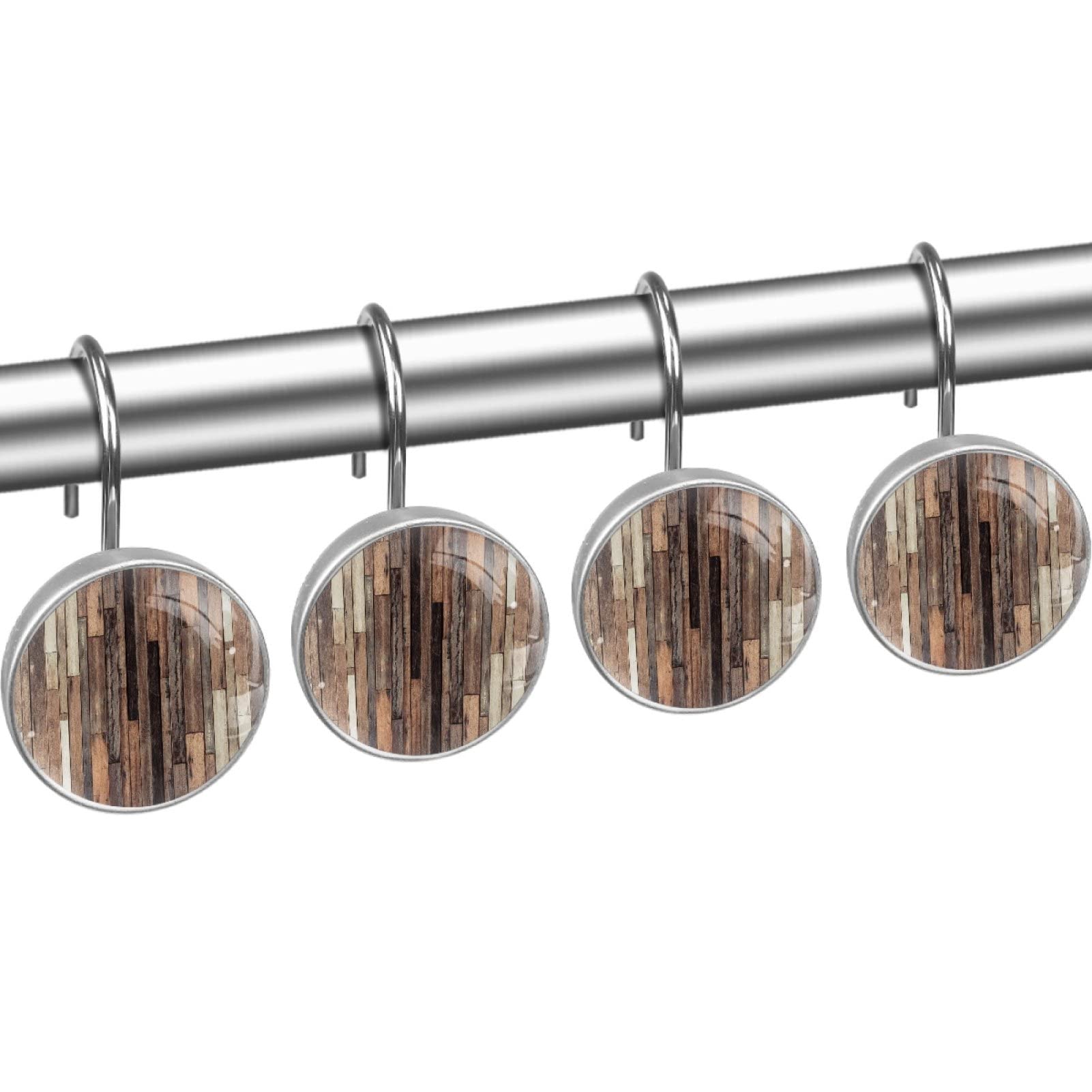 LORVIES Brown Old Hardwood Floor Plank Shower Curtain Hooks Set of 12, Stainless Steel Shower Hooks Decorative Hanger Rings Rust Resistant for Bathroom Kids Room Fashion Home Decor