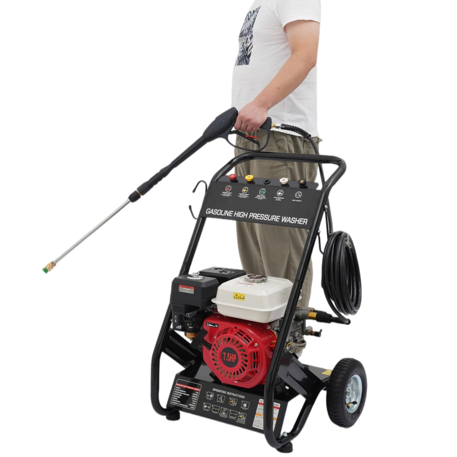 Petrol Pressure Washer 7HP 2200PSI 2.3GPM 5 Nozzles | 26ft Hose | Petrol Jet Wash with 8in Wheels & 23.6/118.3oz Fuel/Oil Tanks | for Car, Patio, Fence & Driveway Cleaning