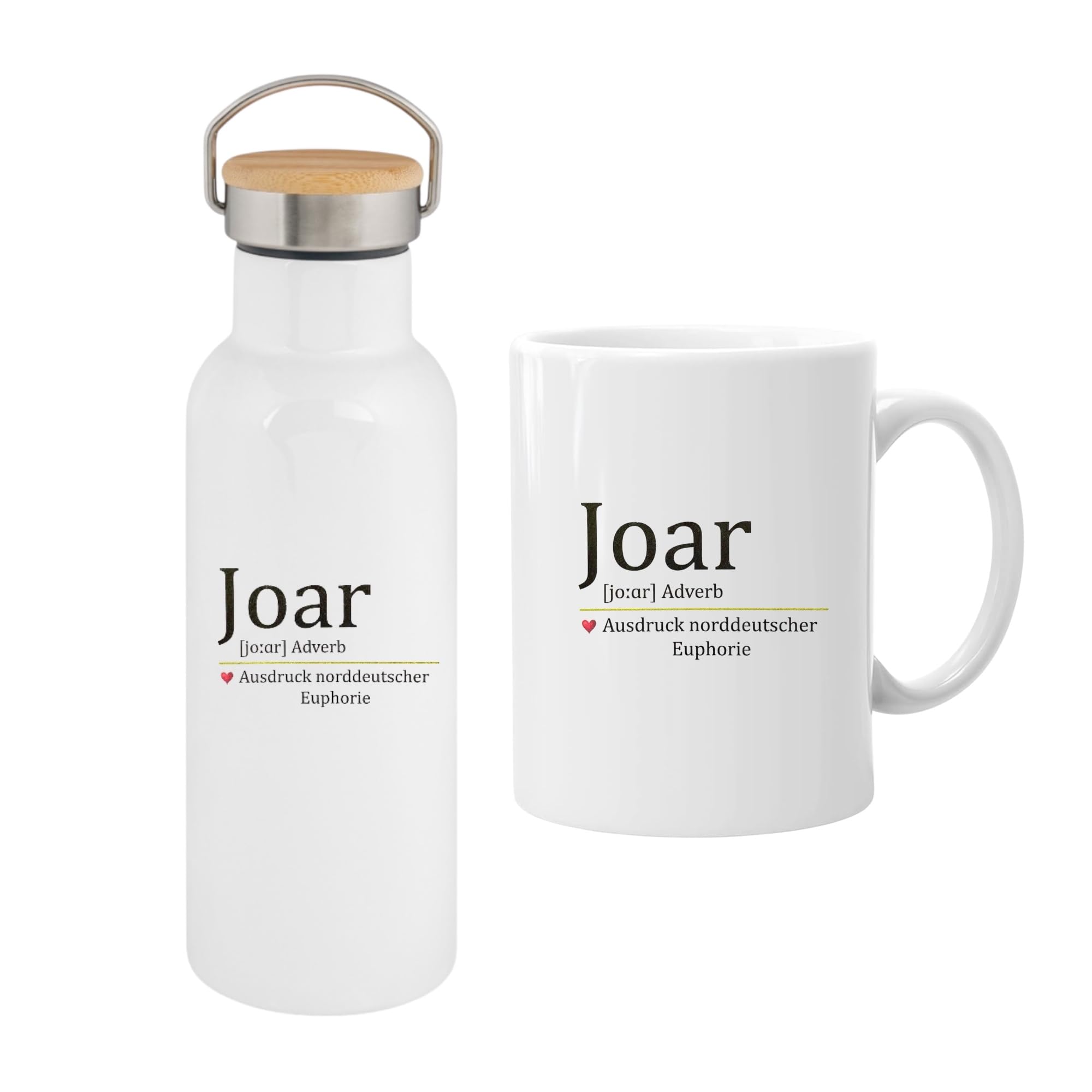 Norddeutsche Geschenkset, Thermosflasche 500ml/750ml mit Bambus-/Edelstahldeckel und Keramiktasse 330ml, Weiß mit Spruch - Joar - Ausdruck (Tasse + Flasche 750ml Bambusdeckel)
