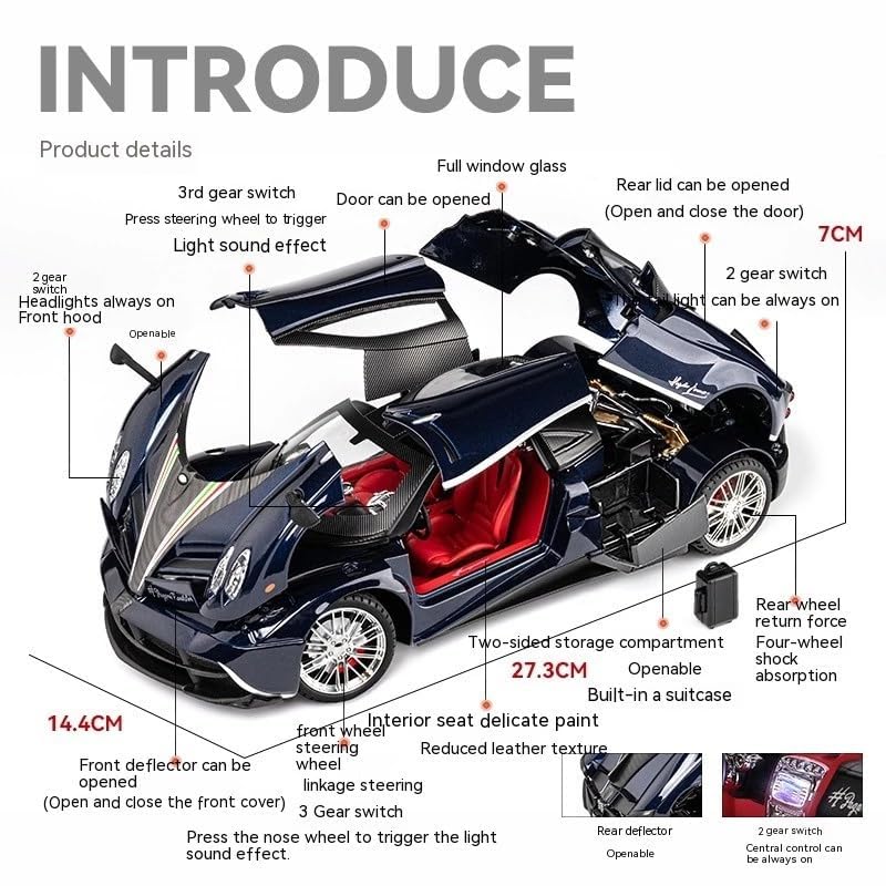 Image of Model 1:18 Pagani Huayra Model Alloy Metal Pull Back Die-cast Car Openable Doors with Sound and Light Vehicle Car Toy for Kids - Multicolor