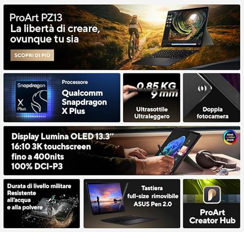ProArt PZ13 OLED HT5306QA#B0D5RH8H2C, Notebook in alluminio con Monitor da 13.3" Glossy, Copilot+ PC, Processore Snapdragon® X Plus, RAM 16GB, 1TB SSD, Qualcomm® Adreno™ GPU, WIN 11 HOME, Nero - Notebook - Immagine 6
