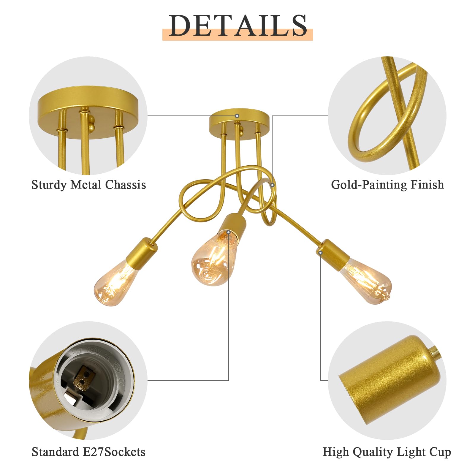 Toolight Lustre industriel 3-Lumières, Lustre Plafonnier Vintage Doré E27, Lustres en Metal pour Salon Chambre Cuisine Vestiair, Ø40cm (Sans ampoules)