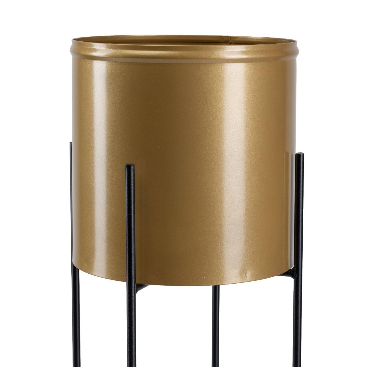 Moderno supporto per fiori in metallo, altezza 95 cm, con vaso d'oro, rotondo 21 cm, diametro su robusto supporto nero – Supporto per piante in stile loft per la decorazione di interni