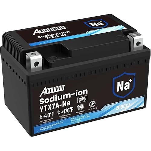 Acoucou YTX7A-BS Motorcycle Battery, 12V 3.4Ah Sodium-Ion Battery, 200CCA, For Motorcycles, ATV, Lawn Mowers, Dirt Bike,Tractors, Scooter, UTV. Replacement for YTX7A BS Lead-acid and Lithium Batteries