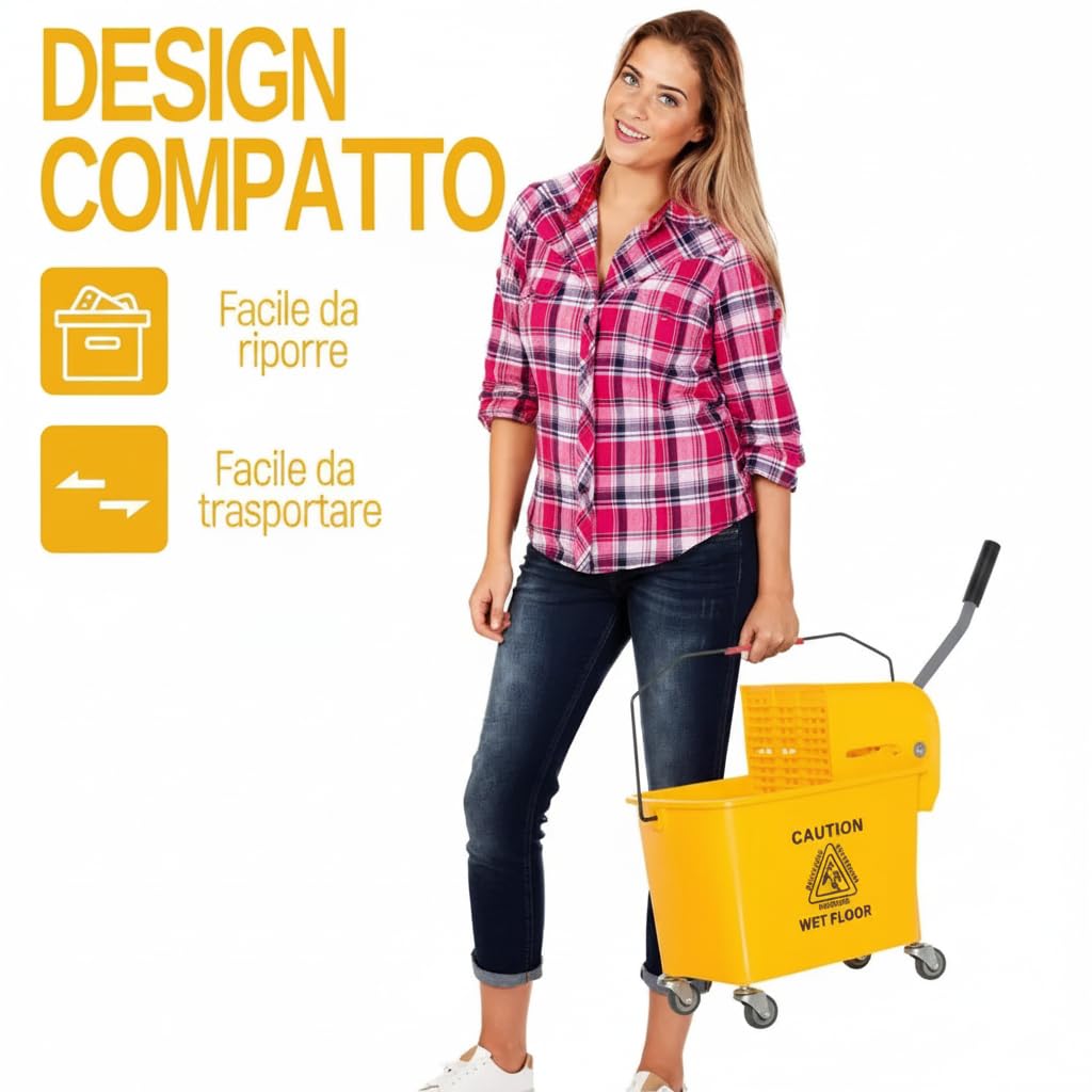 Carrello Mocio Professionale in Plastica, Giallo, 60x70,5 cm, con Strizzatore Integrato e Pannello Divisorio, 20L