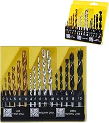 Kit de Brocas, 16 Peças, Estojo Organizador com Brocas para Madeira, Concreto e Metal, 2-10mm, Compatível com Furadeiras e Parafusadeiras