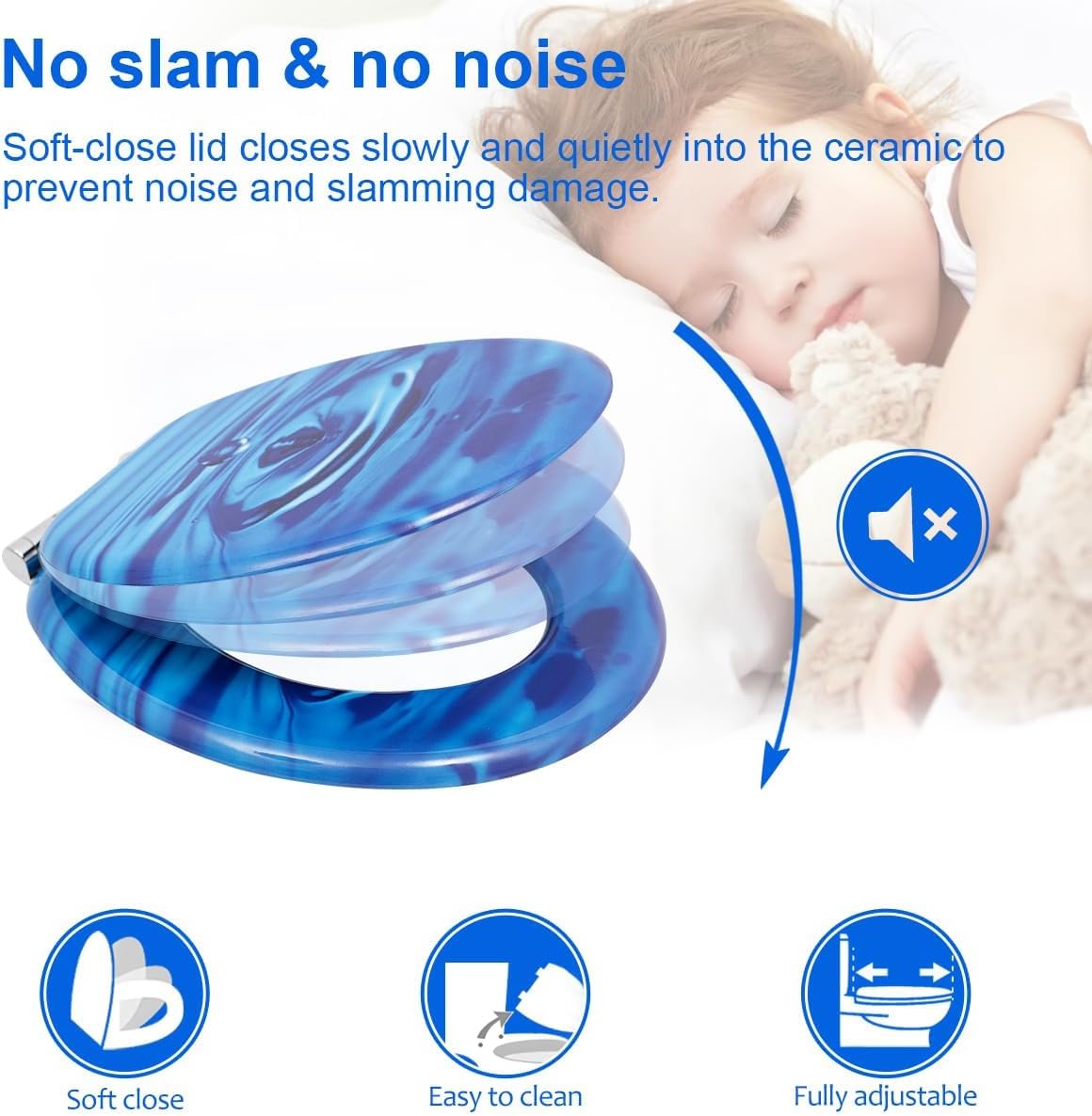 Elongated Toilet Seat, Slow Close Wooden Toilet Seat with Metal Hinges Soft Close Oblong Colored Decorative Toilet Seat, Easy to Clean and Install