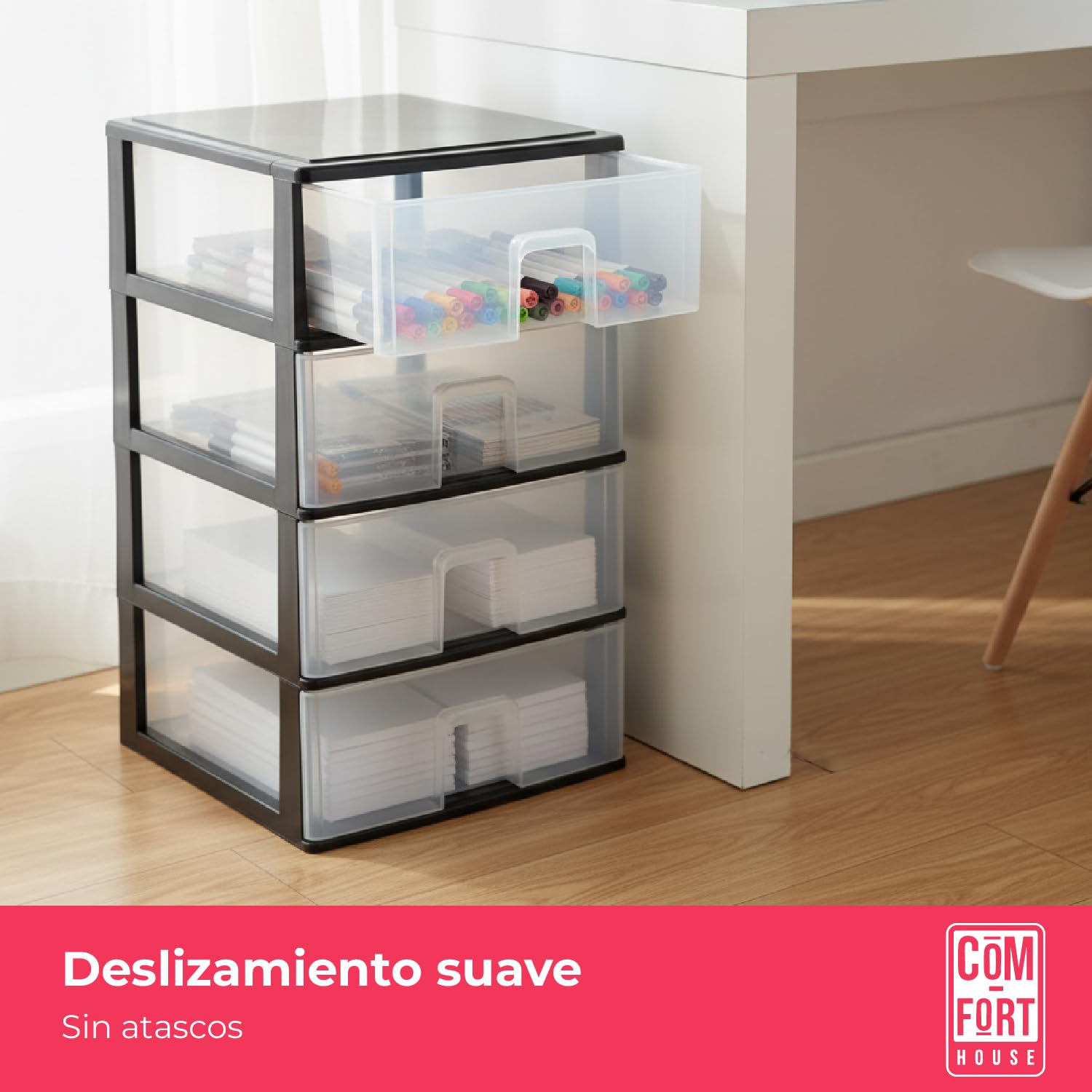 COM-FORT HOUSE | Cassettiera impilabile in plastica | Modello Trasparente | Colore nero | Modello a 4 cassetti | Cassetti modulari