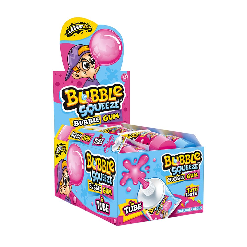 JohnyBee Bubble Squezee Bubble Gum in Tubetti da Spremere Gusto Fruttato Espositore da gr.30x24