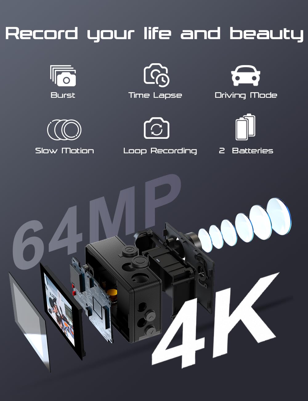 Apexcam 4K/60FPS 64MP EIS Action Cam WiFi Sports Camera Ultra HD Telecamera subacquea 40M Videocamera Impermeabile 2.4G Telecomando Time Lapse 2x1350mAh Batterie - 5
