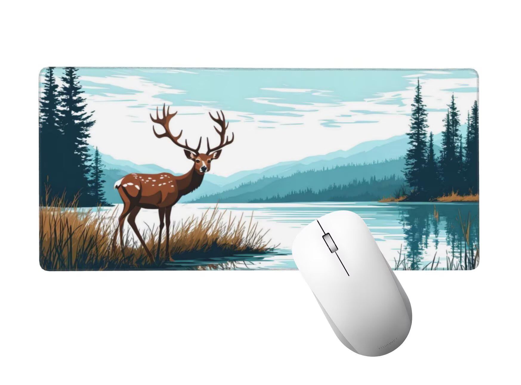 Podkładka pod mysz z jeleniem XXL 1400 x 600 mm, duża podkładka pod mysz do gier biurowych z przeszytymi krawędziami i antypoślizgowym spodem, podkładka pod mysz jezioro dla graczy do klawiatury i