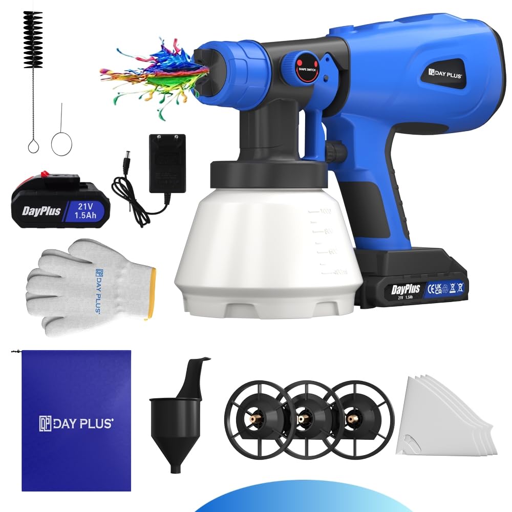 Elektryczny pistolet natryskowy 600 W, akumulatorowy system natryskowy do farby, 21 V, 3 wzory i 4 dysze, pistolet lakierniczy HVLP 1000 ml do malowania ścian, sufitów, mebli, ogrodzeń ogrodowych